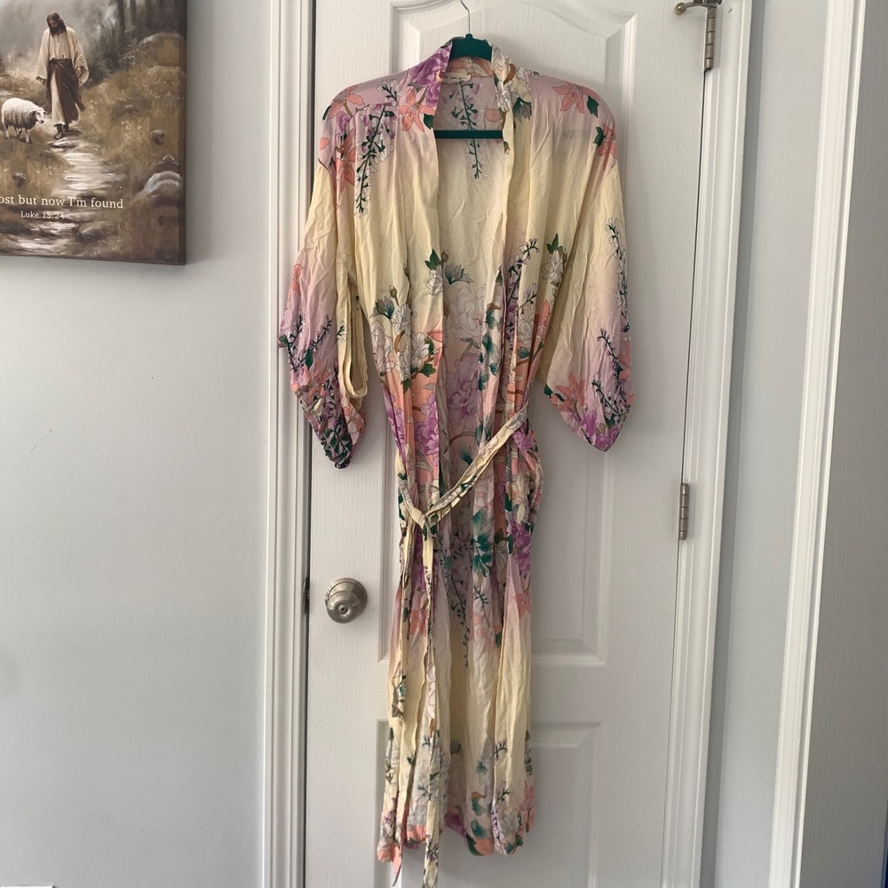 Floral Long Kimono Robe in Cream, Pink & Green